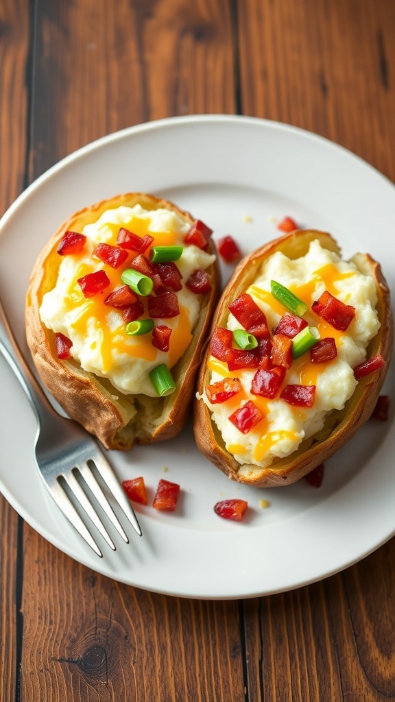 Double stuffed baked potatoes with cheese and bacon, garnished with green onions on a rustic plate.